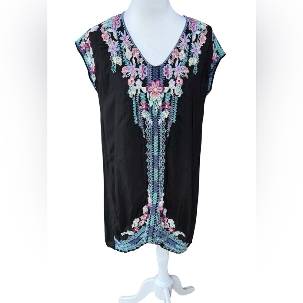 Johnny Was Black Embroidered V-Neck Floral Tunic